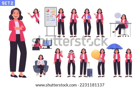 Business woman or office worker character set. Businesswoman in different poses, gestures and actions. The manager makes a presentation, points, has ideas. Vector illustration in cartoon style