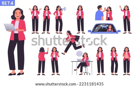 Business woman character collection. Office worker or businesswoman in different actions, gestures and poses. Manager runs, drives a car, attracts an audience. Vector illustration in flat style