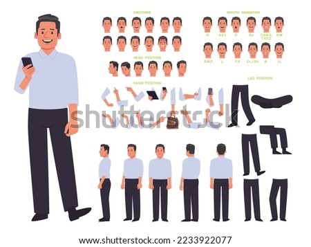 Business man character constructor. Creating an animation of a man, the position of arms and legs, mouth, various emotions. View from different sides. Vector illustration in flat style