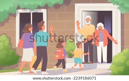 Visit of grandchildren to grandparents. Meeting of parents with children at home. Grandson runs to hug grandmother. Grandpa greets family. Vector illustration in flat style