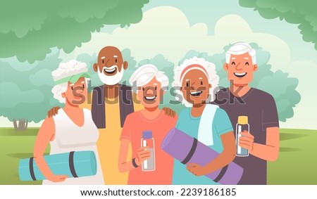 Group of happy elderly people. Seniors do yoga or fitness outdoors. Vector illustration in flat style