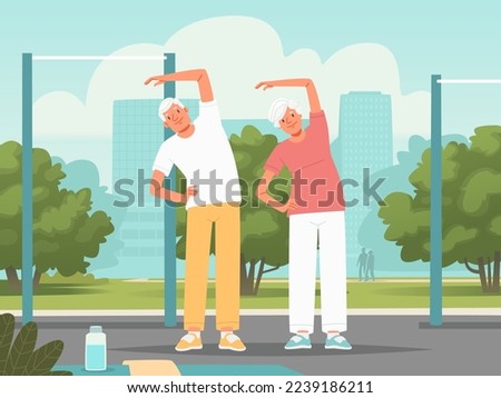 Seniors are doing exercises. Morning training of pensioners in the park. Happy elderly couple is engaged in fitness. Vector illustration in flat style