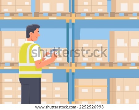 Warehouse manager checks the availability of goods. The worker holds a tablet in his hands against the background of racks with boxes. Vector illustration in flat style