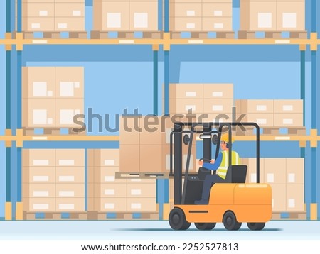Forklift operator is placing goods on a stacker in a warehouse. Vector illustration in flat style