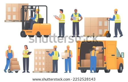 Warehouse workers characters set. Men and women, managers and laborers, forklift operator, movers. Logistics center staff. Vector illustration in flat style