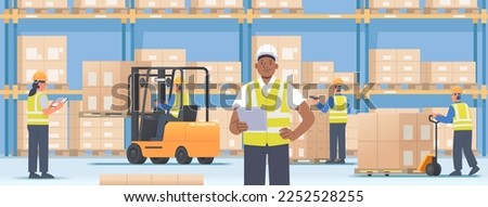 Warehouse interior with workers on the background of racks with boxes of goods on pallets. Forklift operator, manager, movers. Vector illustration in cartoon style