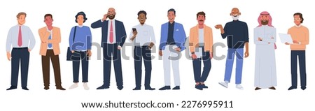 Set of multiethnic business men of different ages and races in office outfits on a white background. Vector illustration in flat style