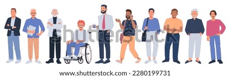 Collection of business men of different ages and races on a white background. Active and young, a smiling guy in a wheelchair, mature and seniors in office clothes are posing. Vector illustration 