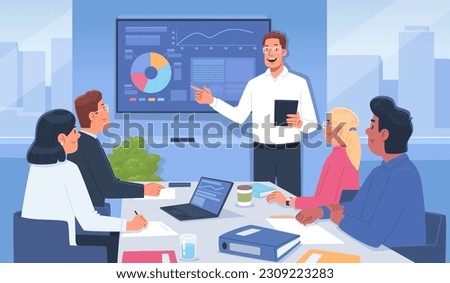 Business report at a meeting of company employees. Presentation of the project, the speaker presents infographics to colleagues. Conference. Vector illustration in flat style