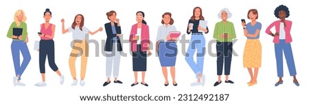 Business women set. Diverse women in business and casual clothes with phones, laptops and notebooks. Female office workers. Vector illustration in flat style