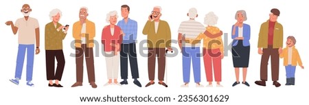 Aged people. Seniors together, with grandchildren and children, an elderly man and woman use phones and communicate. Grandparents in full growth on a white background. Vector illustration in flat styl