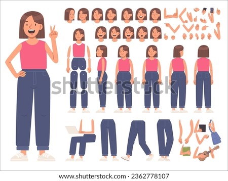 Constructor teen girl character for animation. A wide variety of body positions, arms and legs, postures and gestures. Vector illustration in flat style