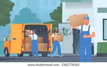 Moving company. Relocation service. Movers carry boxes into the house. Moving. Vector illustration in flat style