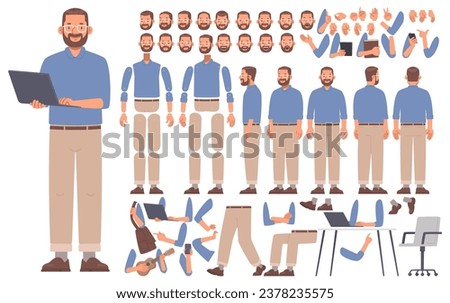 Bearded man character constructor. Male developer or programmer. A set of different views and poses, gestures and emotions, position of arms, legs and body for animation. Vector illustration