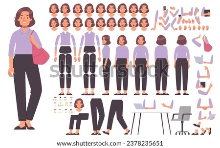 Adult woman character constructor. Businesswoman or female office worker. A set of different views and poses, gestures and emotions, position of arms, legs and body for animation. Vector illustration