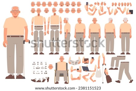 Grandfather character constructor for animation. An elderly man in various poses and views, gestures and emotions, positions of arms and legs. Vector illustration in flat style