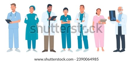 Set of male and female doctors and nurses characters on isolated background. Medical staff in full length. Vector illustration in flat style