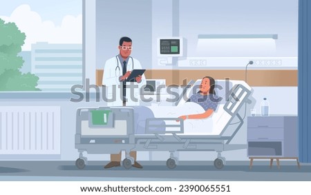 Doctor visits a sick woman in a hospital room. Hospitalization of the patient and treatment in the clinic. Vector illustration in flat style