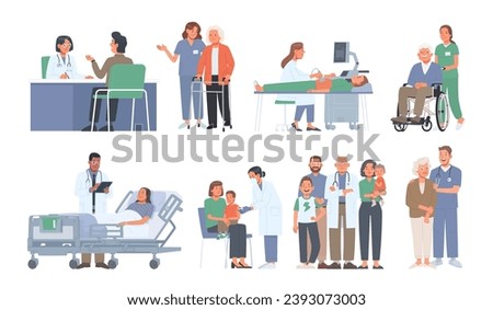 Set of medical care scenes. Doctor and patient, ultrasound examination, caring for the elderly, outpatient treatment. Vector illustration in flat style