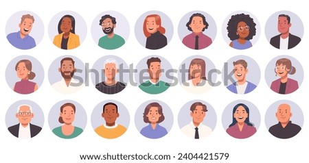 Collection of avatars of happy business people in a circle. Happy business men and women, colleagues, office multicultural employees. Vector illustration in flat style