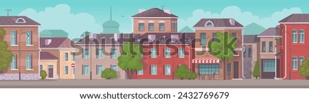 Empty city street. Landscape of a block with residential buildings in sunny summer weather. Panorama. Horizontal banner. Vector illustration in cartoon style