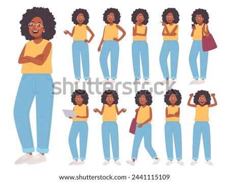 Set of young African American woman character on white background. Happy black girl in different poses, thinking, walking, pointing. Vector illustration in flat style