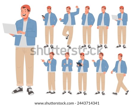 Set of young man character in various actions on white background. Happy guy, student or IT specialist with gadgets, thinks, speaks, points. Vector illustration in flat style