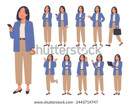 Set of business woman character in various actions on white background. A woman with a phone and a laptop, rejoices, thinks, gets angry. Vector illustration in flat style