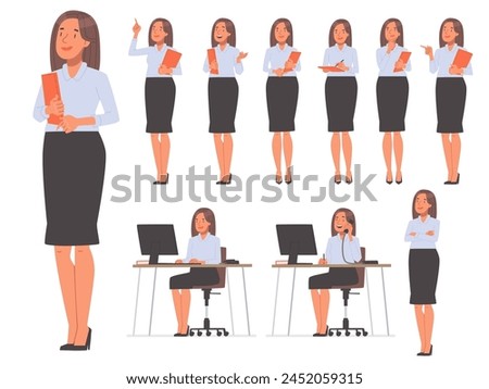 Set of female secretary character. Businesswoman in various actions and poses on a white background. Vector illustration in flat style