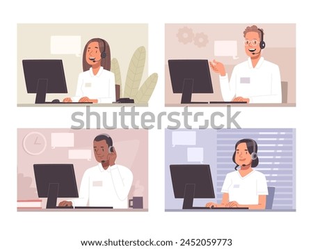 Call center. Hotline. Customer support staff with headsets, operators. Vector illustration in flat style