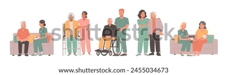 Care for the elderly. Nurses help and care for the health of older men and women in a nursing home or hospital. Vector illustration in flat style