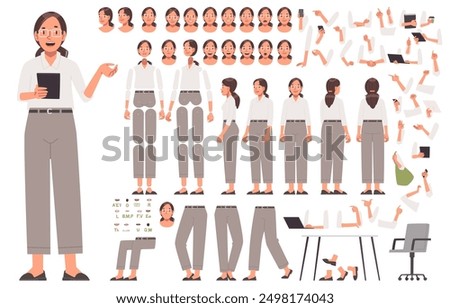 Business woman constructor. Set of different poses of arms and legs, head and body positions for animation and creating your own character options. DIY kit. Vector illustration in flat style