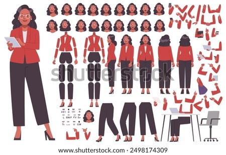 Businesswoman constructor. Set of different positions of hands, legs, head for animation of a business lady character. DIY kit. Vector illustration in flat style