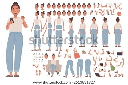 Girl character constructor. Young woman in casual clothes. Set of different positions of hands, legs, head for creating animation and your own illustrations. DIY kit. Vector illustration in flat style