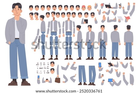 Asian man character constructor. Set of different body, arm and leg positions for animation and creating your own illustrations. DIY kit. Vector illustration in flat style