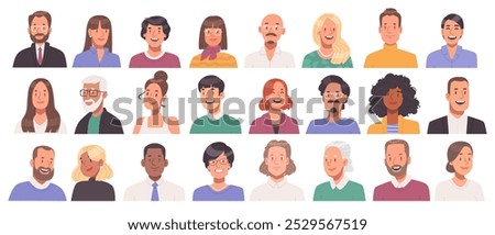 Set of business people avatars. Collection of portraits of happy men and women of different ages and races. Vector illustration in flat style