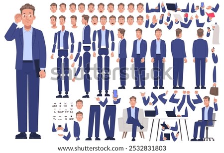 Business man character constructor. Male manager. Set of different body positions, arms and legs, many emotions to create animation or your own illustrations. DIY kit. Vector illustration