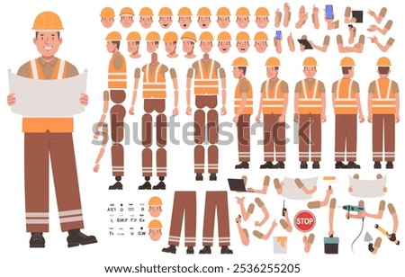 Builder character constructor. Man in uniform and helmet, worker or foreman. Set of arm, leg and body positions for creating animations and your own illustrations. DIY kit. Vector illustration