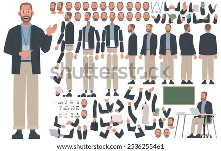 Teacher character constructor. Male scientist or speaker. Set of hands, legs and body positions for creating animations and your own illustrations. DIY kit. Vector illustration in flat style