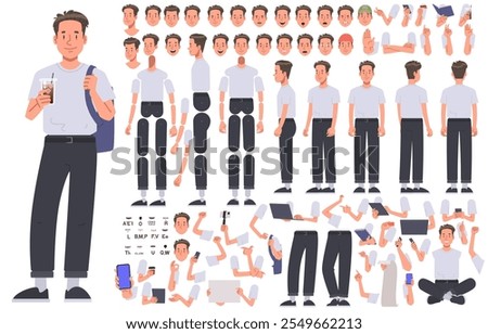 Young cheerful guy character constructor. Blogger student influencer. Set of different positions of arms legs head and body to create animation or your own illustrations. DIY kit. Vector illustration