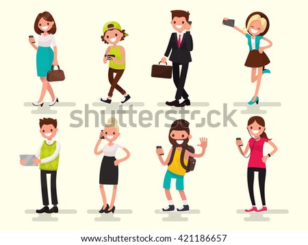 Mobile dependence. People with their gadgets. Vector illustration in a flat style