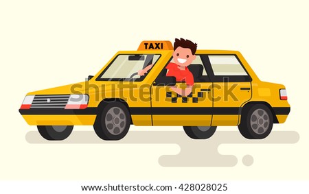 Friendly Taxi Driver At The Wheel Of The Car. Vector Illustration Of A ...