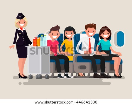 Flight attendant serving drinks to passengers on board of the aircraft. Vector illustration of a flat design