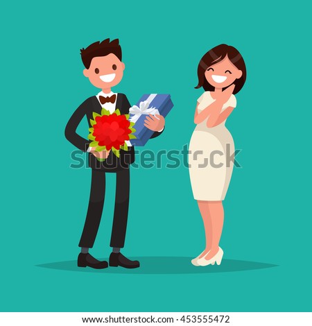 Man dressed in a suit gives a woman a bouquet of flowers and a gift. Vector illustration of a flat design