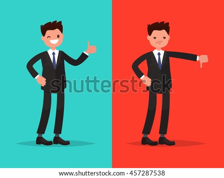 Likes and dislikes. Good and bad. Businessman showing gesture of approval and disapproval