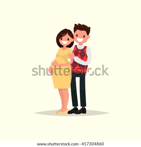 Young happy couple. Pregnant wife and her husband together. Vector illustration of a flat design