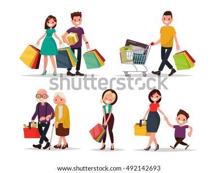 Set of characters and people shopping. Vector illustration of a flat design