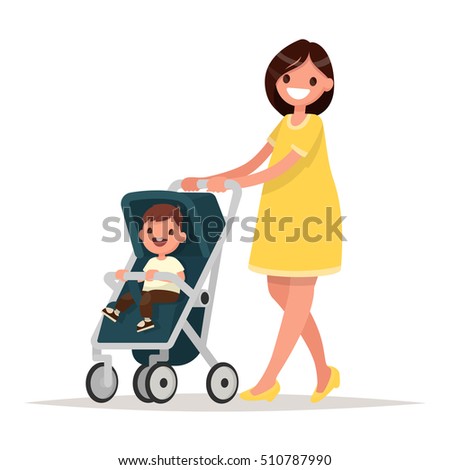 Motherhood. Happy young mother with the baby in the pram. Vector illustration in a flat style