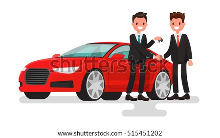 Car showroom. Purchase sale or rental car. Seller man hands over the keys of the car owner. Vector illustration in a flat style