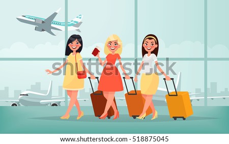 Air travel to warm countries. Three happy friends women with luggage at the airport are going on vacation. Vector illustration in cartoon style.